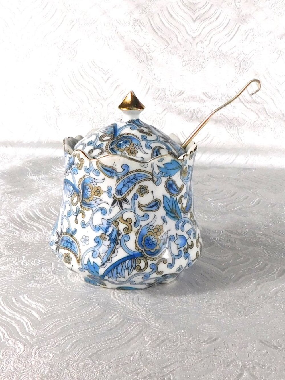 Lefton Blue Paisley Jam Jelly Pot with Lid # 27673
